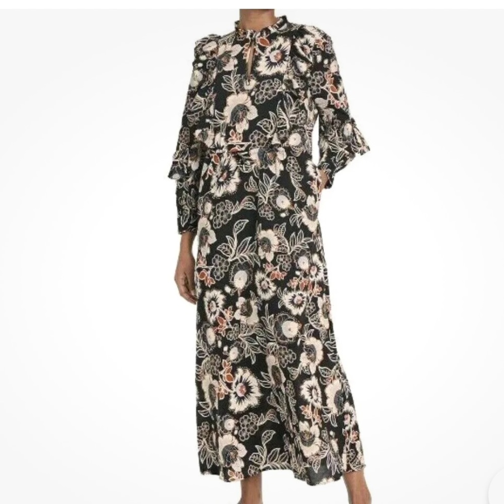 Womens Balloon Long Sleeve Soft Ruffle Dress WHO WHAT WEAR Medium